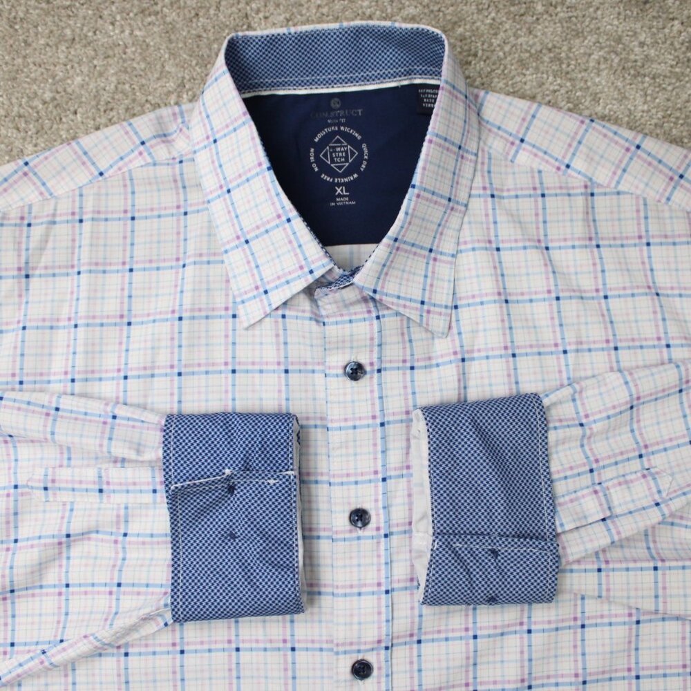 Construct‎ Flip Cuff Shirt Mens XL White/Blue Slim Fit Wrinkle Free No Iron L/S